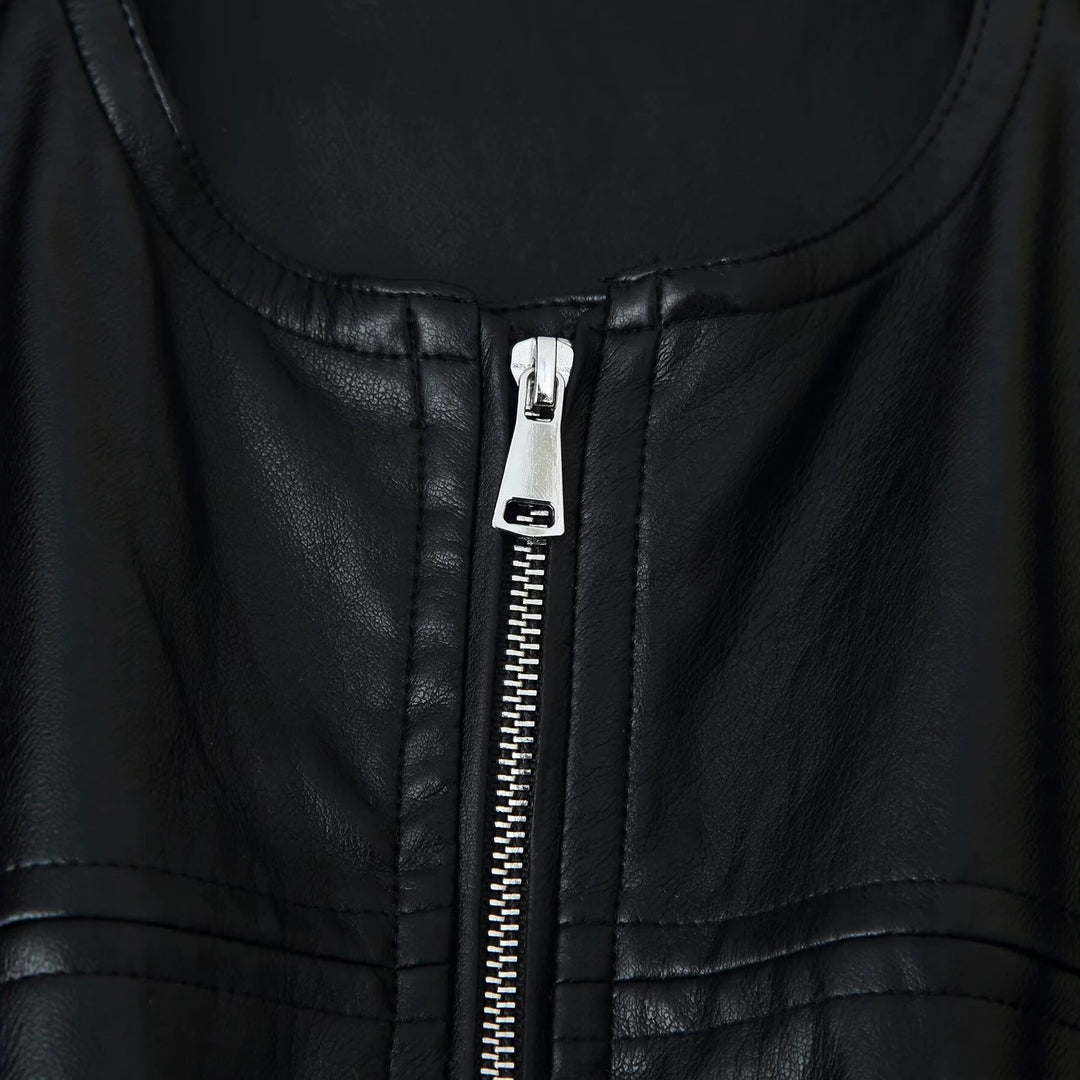 Damen Cropped Blouson in Glattlederoptik mit Rundhalsausschnitt und elastischem Saum Echoarchiv