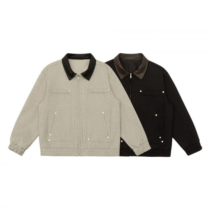 Herren Kurz geschnittene Boxy-Jacke aus Wollmix mit kontrastierendem Lederkragen, Reißverschluss und aufgesetzten Taschen Echo Archiv