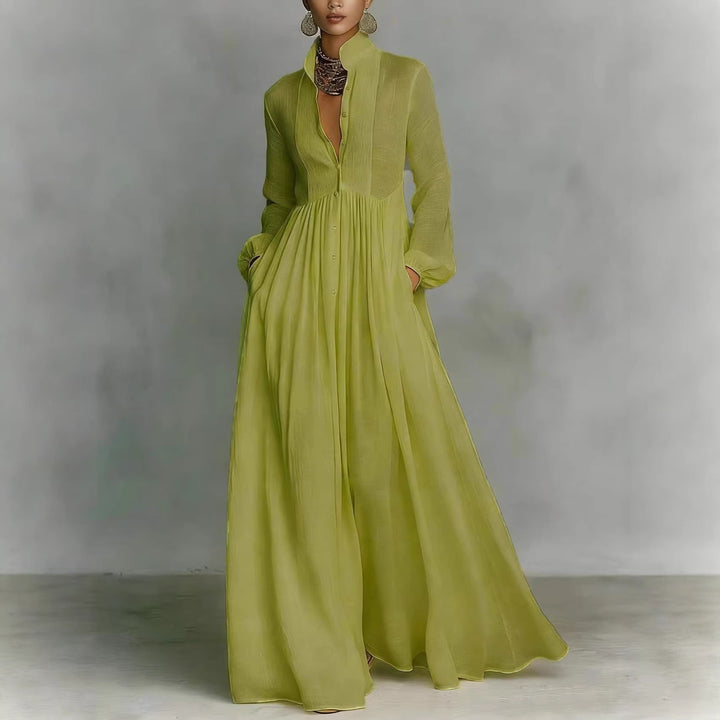 Damen Maxikleid mit Stehkragen, Knopfleiste und seitlichen Taschen Echoarchiv