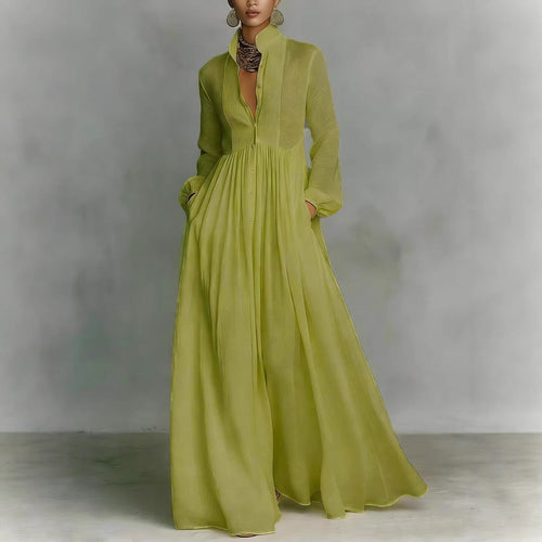 Damen Maxikleid mit Stehkragen, Knopfleiste und seitlichen Taschen Echoarchiv