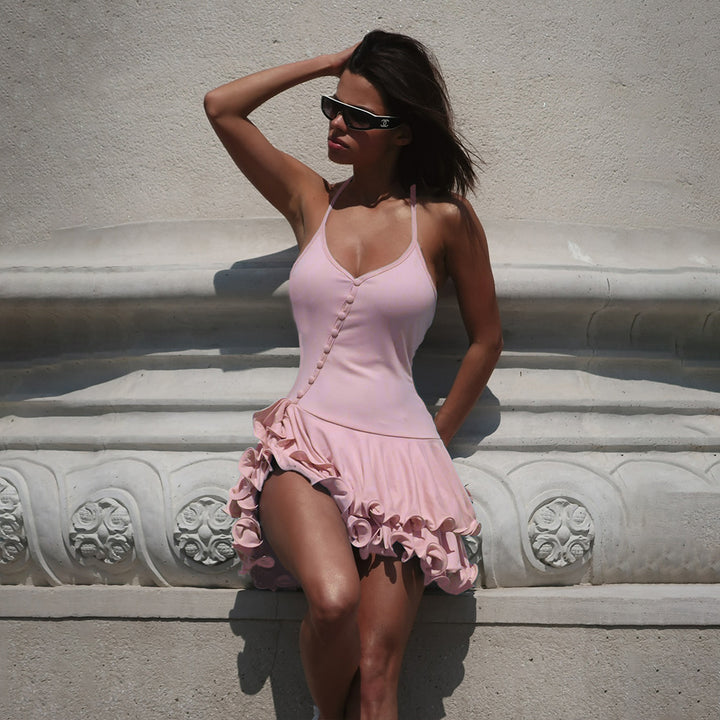 Damen Minikleid mit gerafftem Saum und eleganten Knopfdetails Echo Archiv