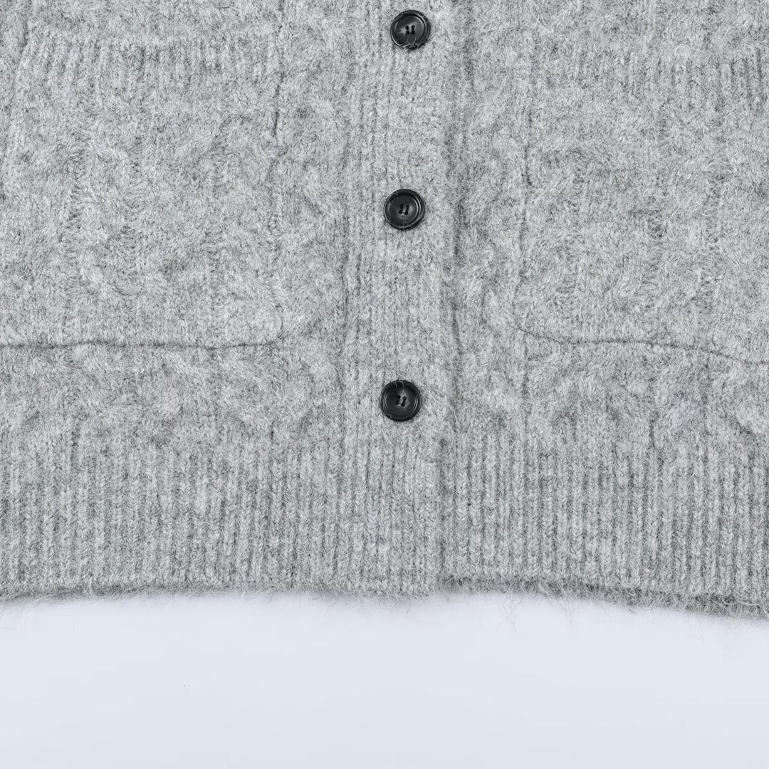 Damen Langgestrickter Kapuzen-Cardigan mit Zopfmuster und Knopfleiste Echoarchiv