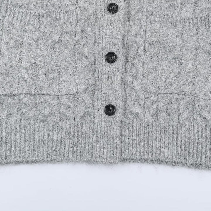 Damen Langgestrickter Kapuzen-Cardigan mit Zopfmuster und Knopfleiste Echoarchiv