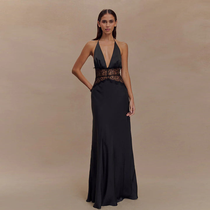 Damen Elegantes Maxikleid mit tiefem V-Ausschnitt und zarter Spitzenverzierung Echo Archiv