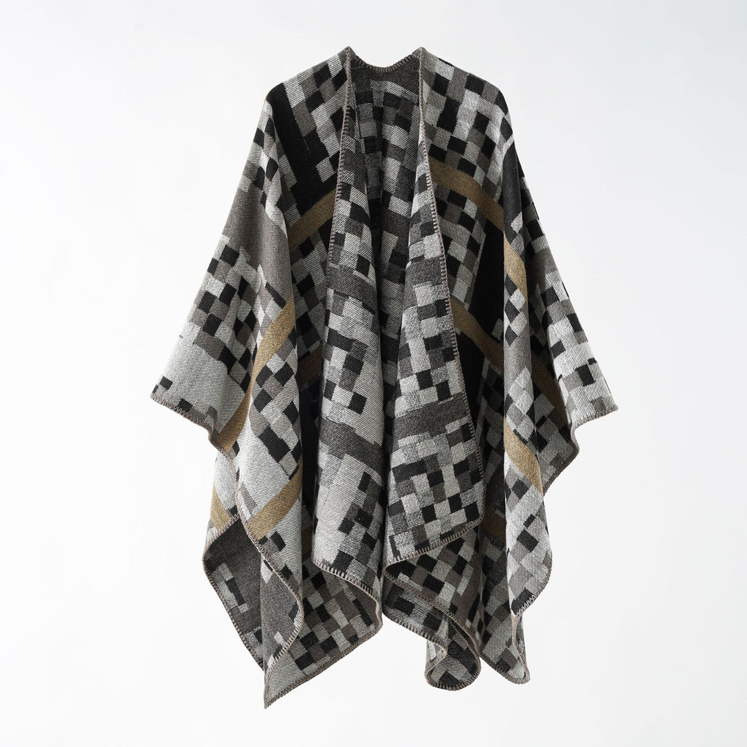 Damen Kastiger Webponcho mit grafischem Jacquard und Kettelkante Echo Archiv