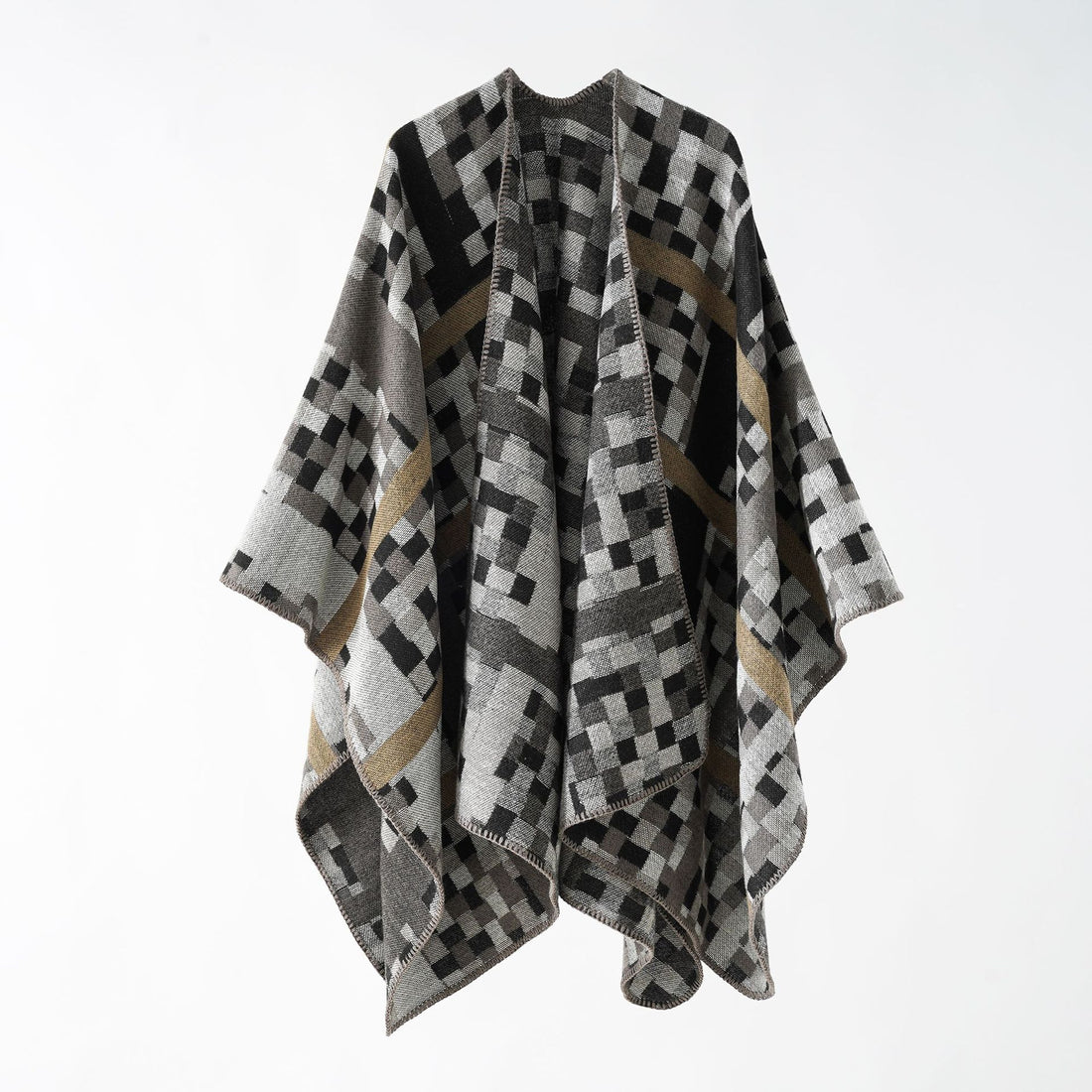 Damen Kastiger Webponcho mit grafischem Jacquard und Kettelkante – Veloura