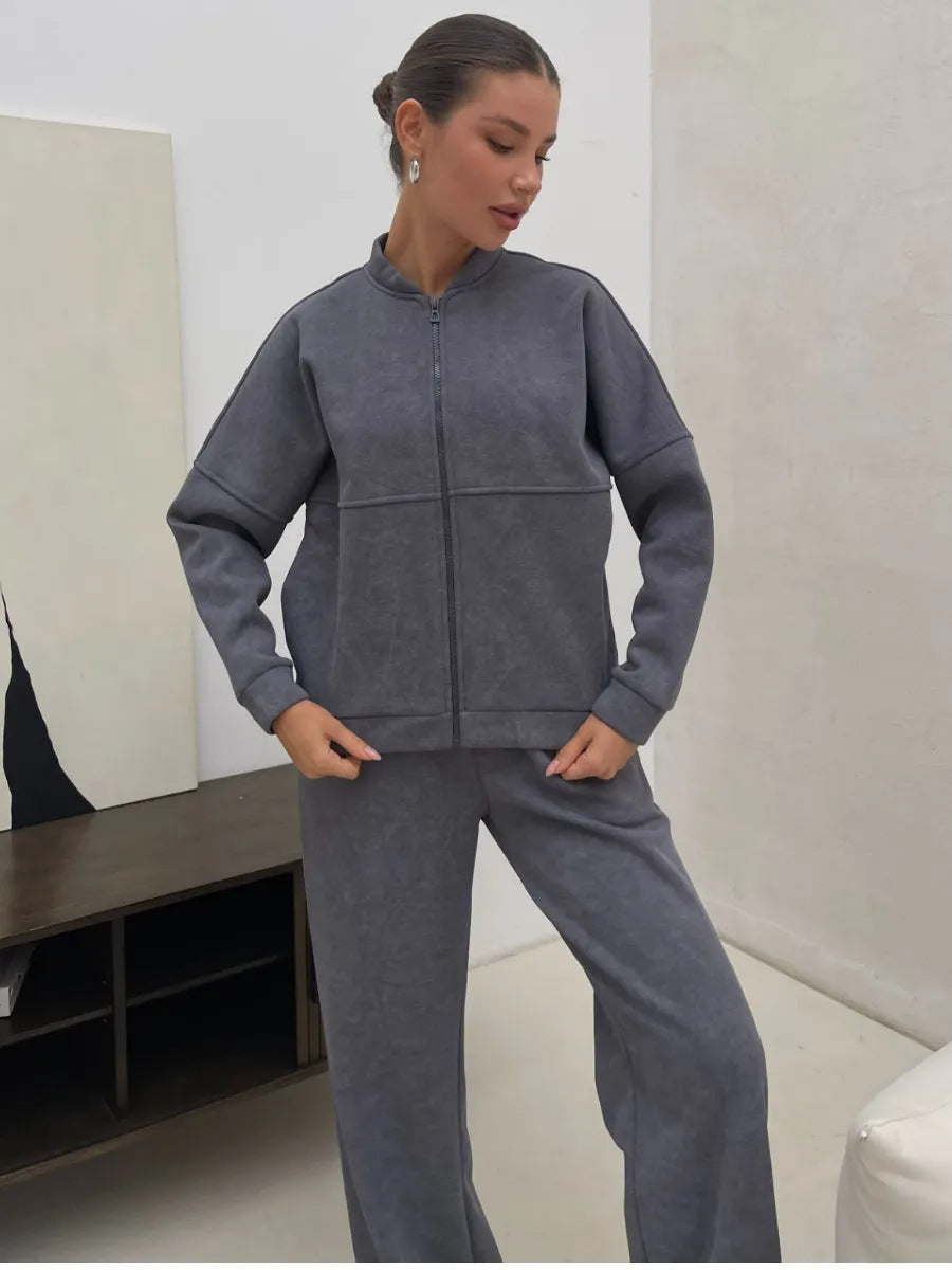 Damen lässiges Zip-Lounge-Set mit Stehkragen und weitem Highwaist-Joggpant – Auréline