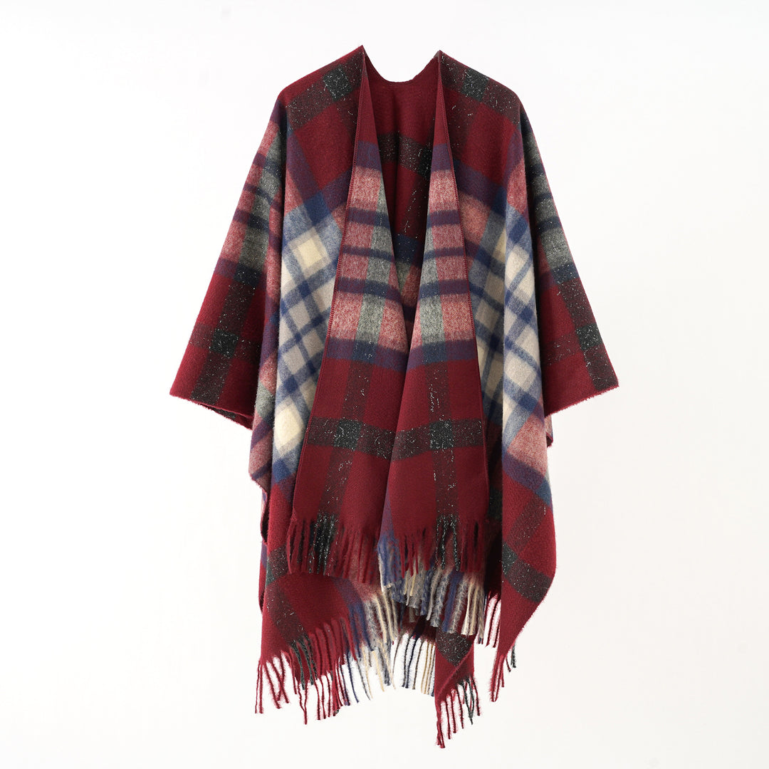 Damen Oversize karierter Wollponcho mit Fransen – Avérine