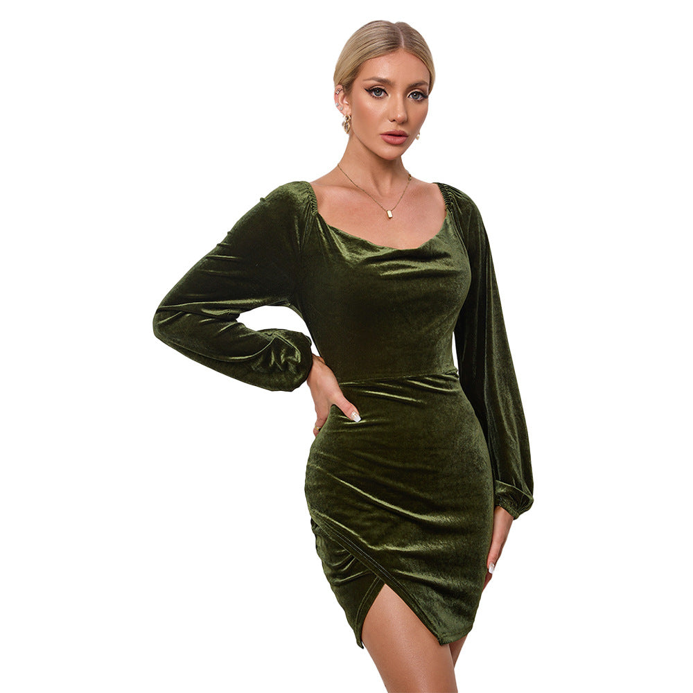 Damen Samtiges Wickel-Minikleid mit Wasserfall-Cowl, Ballonärmeln und asymmetrischer Raffung – Élara