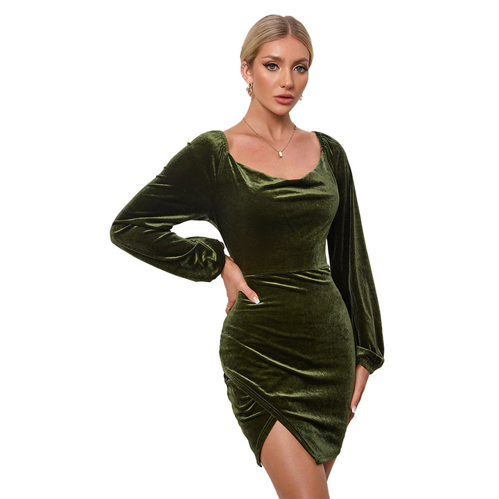 Damen Samtiges Wickel-Minikleid mit Wasserfall-Cowl, Ballonärmeln und asymmetrischer Raffung – Élara