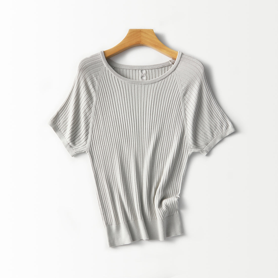 Damen Geripptes Kurzarm-Strickshirt mit Rundhalsausschnitt und Schlüsselloch-Detail Echo Archiv