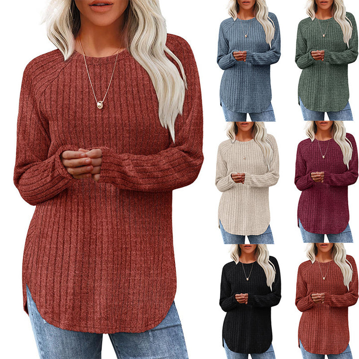 Damen gerippter Strickpullover mit Rundhalsausschnitt Oversize-Passform und Seitenschlitzen Echo Archiv