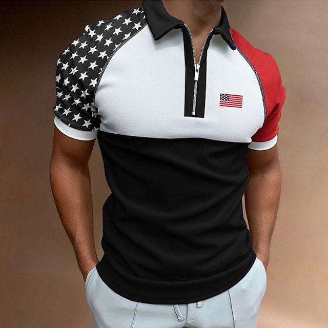 Herren Zip-Up Performance Polo-Shirt mit amerikanischer Flaggen-Applikation Echoarchiv