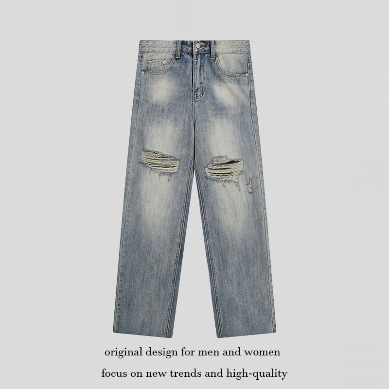 Damen Weite Destroyed-Jeans mit hoher Taille, geradem Bein und Knie-Rips Echoarchiv