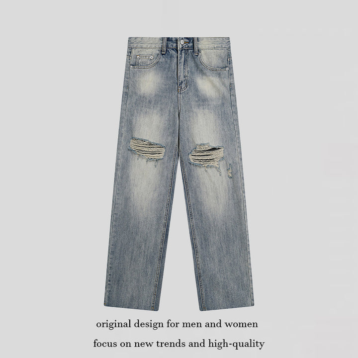 Damen Weite Destroyed-Jeans mit hoher Taille, geradem Bein und Knie-Rips Echoarchiv