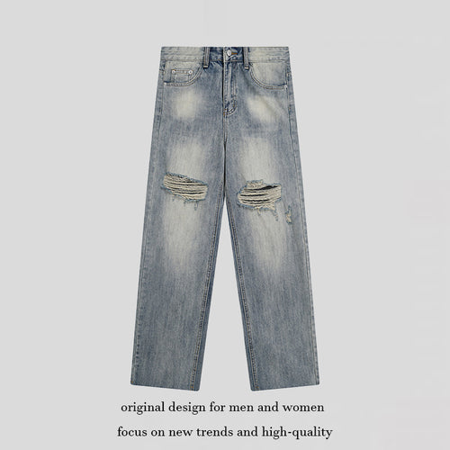 Damen Weite Destroyed-Jeans mit hoher Taille, geradem Bein und Knie-Rips Echoarchiv