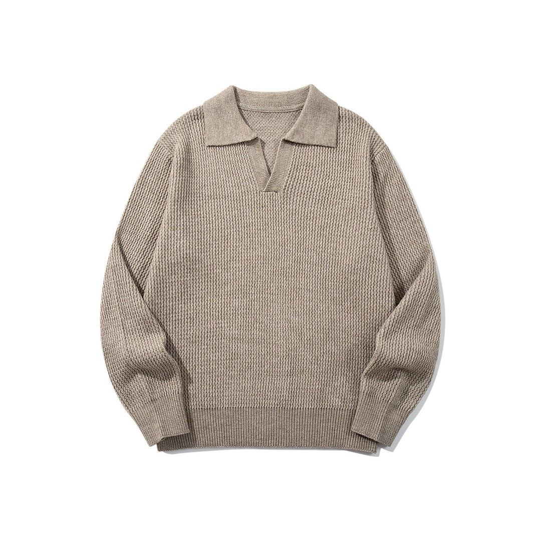 Herren Grobgestrickter Polokragen-Pullover mit V‑Ausschnitt und Rippenbündchen Echoarchiv