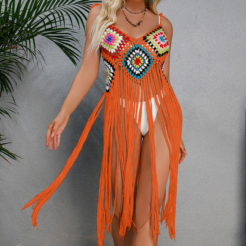 Damen Häkel-Strandüberwurf im bohemian Stil mit dekorativen Fransen Echo Archiv