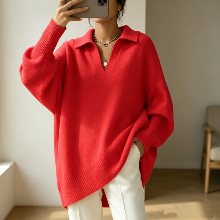 Damen Oversize-Polokragen V-Ausschnitt Strickpullover mit Ballonärmeln – Mavelle