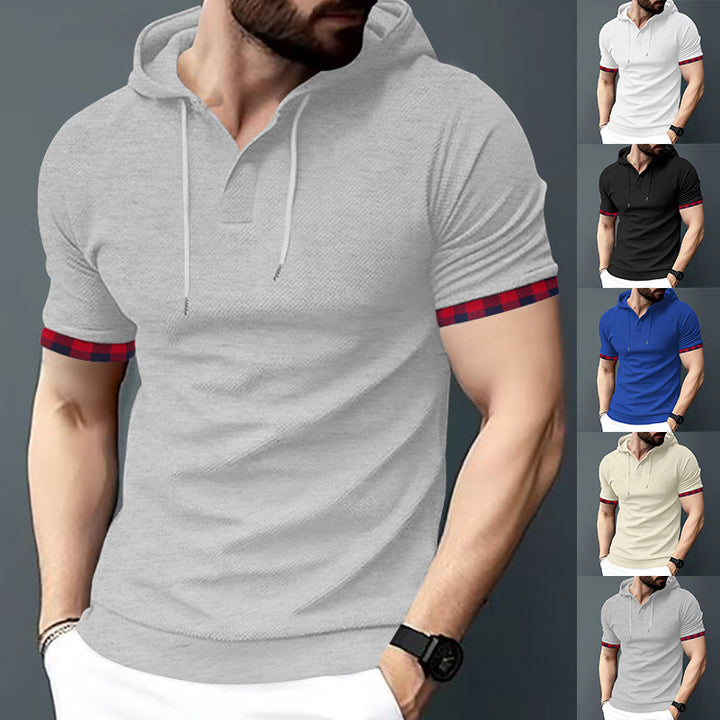 Herren nan figurbetontes Kurzarm-Kapuzenpoloshirt mit Henley-Blende und Kordelzug Echo Archiv