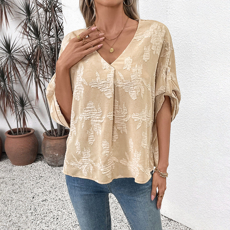 Damen leichte Oversize V-Neck Bluse mit strukturiertem Jacquardmuster und krempelbaren Ärmeln Echoarchiv
