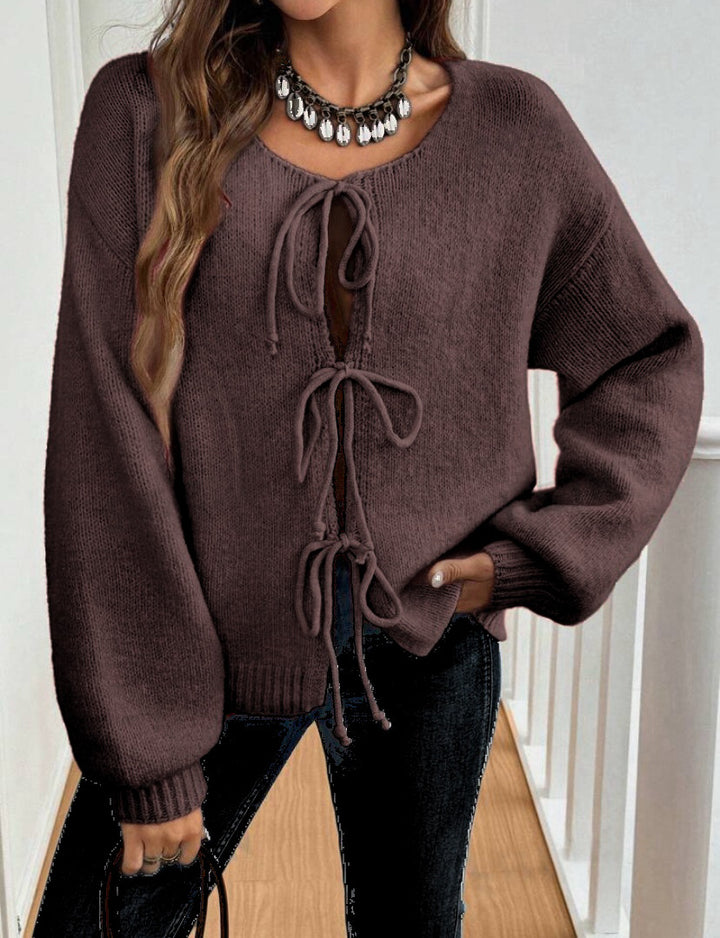 Damen Kurzcardigan mit Bindebändern, Oversize‑Silhouette und Ballonärmeln – Veloura