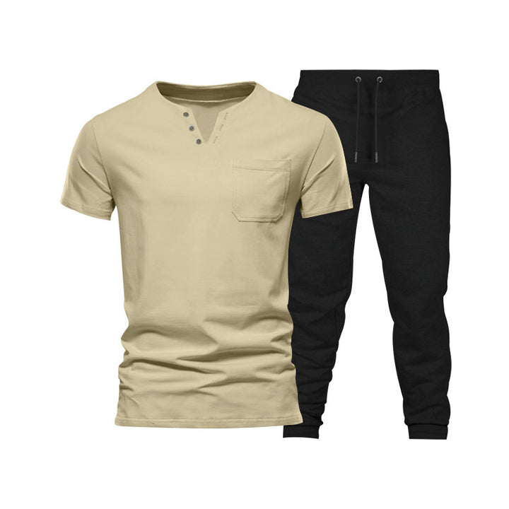 Herren lässiges Kurzarm-Henley-Set mit praktischer Brusttasche und bequemen Jogginghosen Echoarchiv