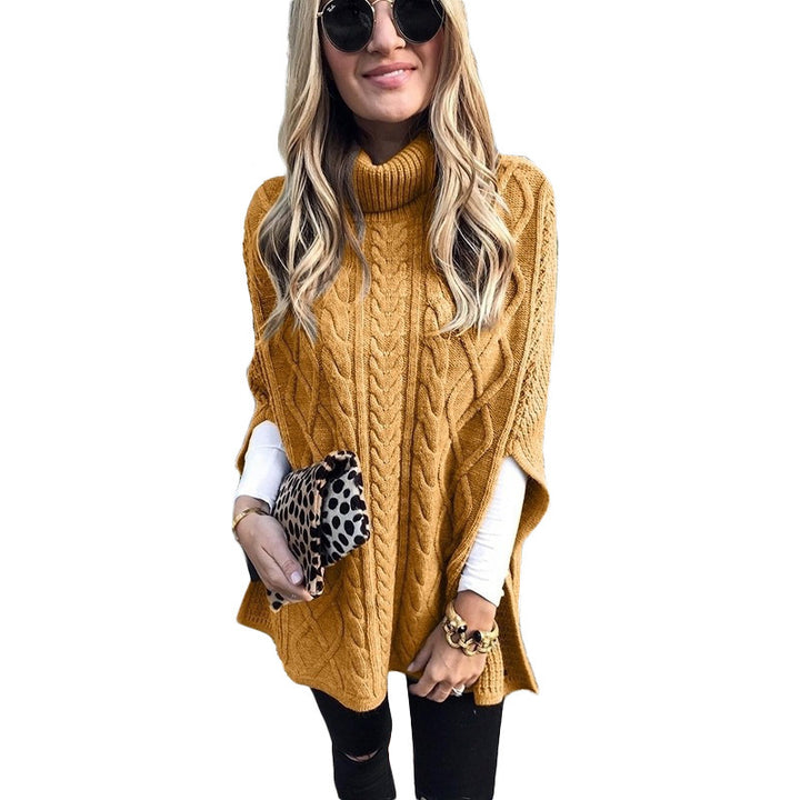 Damen nan kastiger Strickponcho mit hohem Rollkragen, Zopfstruktur und seitlichen Schlitzen Echo Archiv
