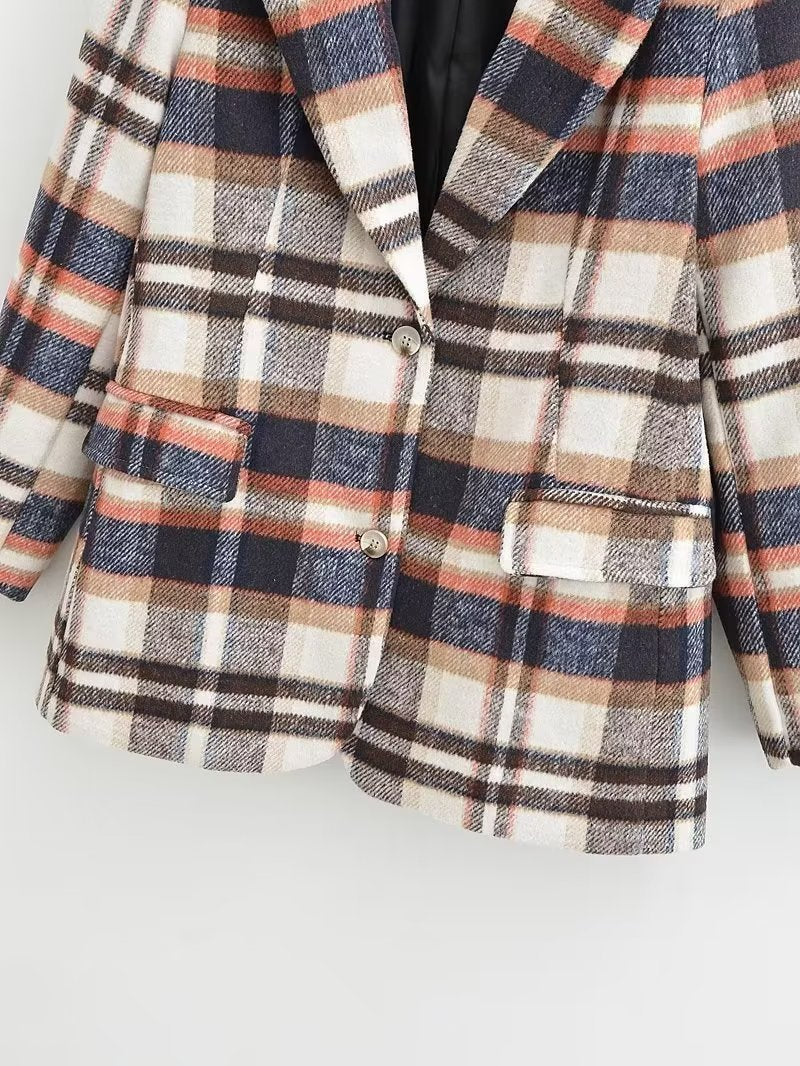 Damen Karierter Wollmix-Einreiher Blazer mit Reverskragen und Pattentaschen Echo Archiv