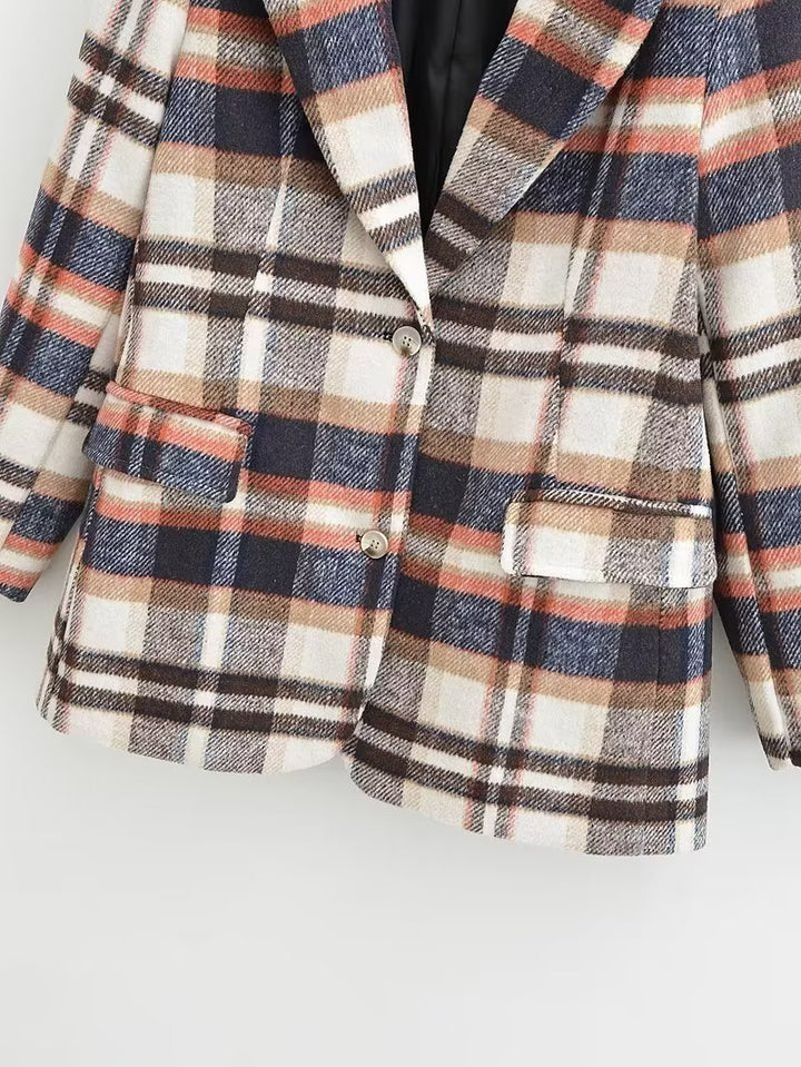 Damen Karierter Wollmix-Einreiher Blazer mit Reverskragen und Pattentaschen Echo Archiv