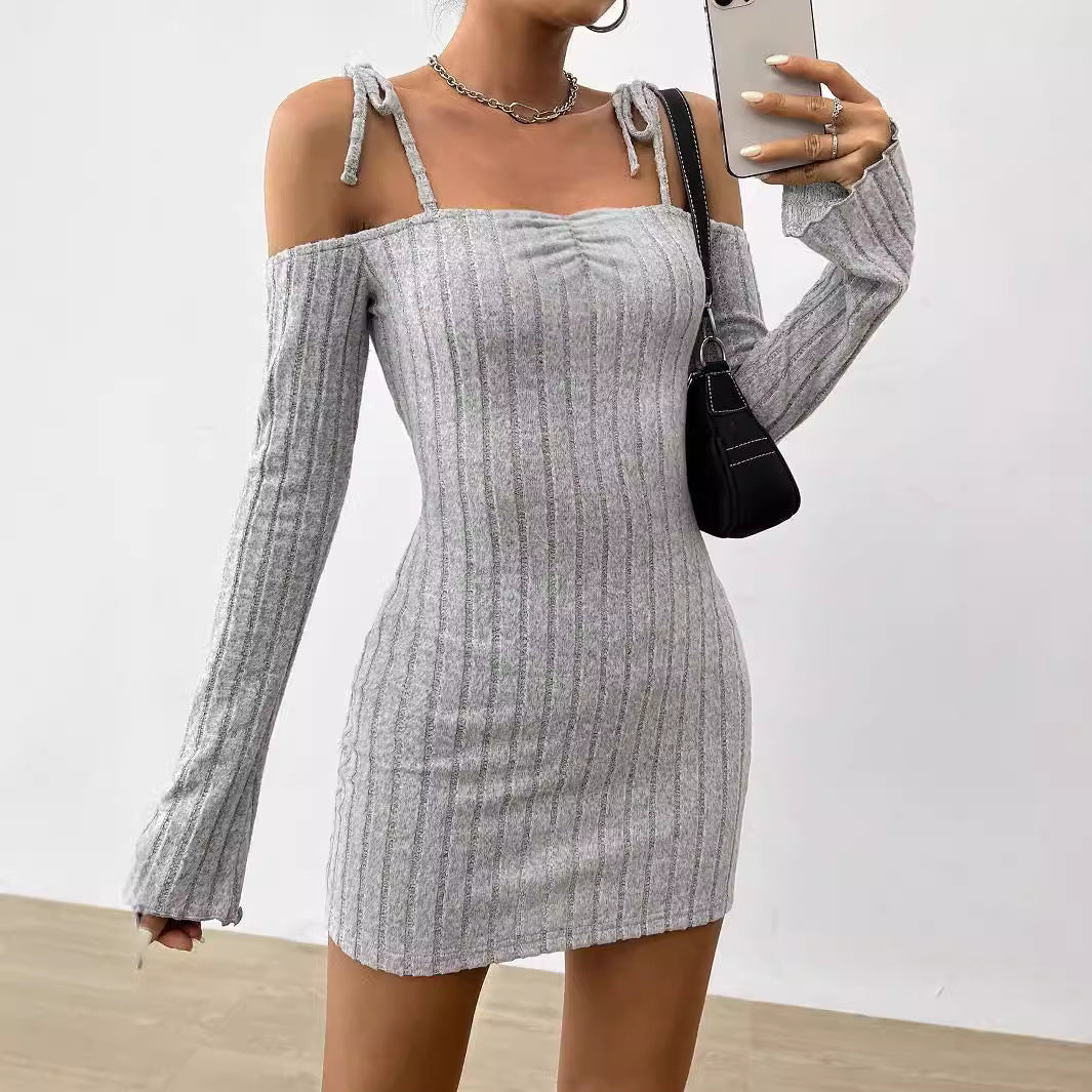 Damen geripptes One-Shoulder-Strickminikleid mit Bindeträgern taillierter Bodycon-Passform – Élara