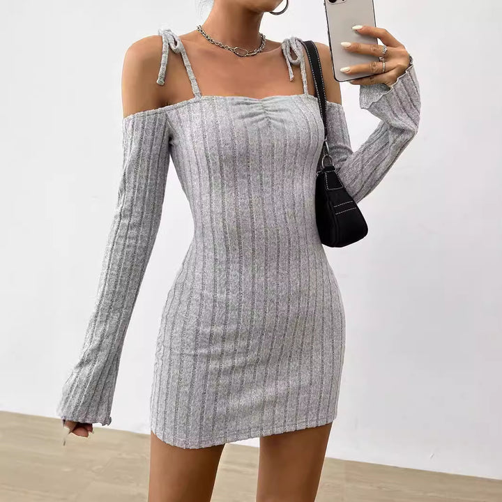 Damen geripptes One-Shoulder-Strickminikleid mit Bindeträgern taillierter Bodycon-Passform – Élara