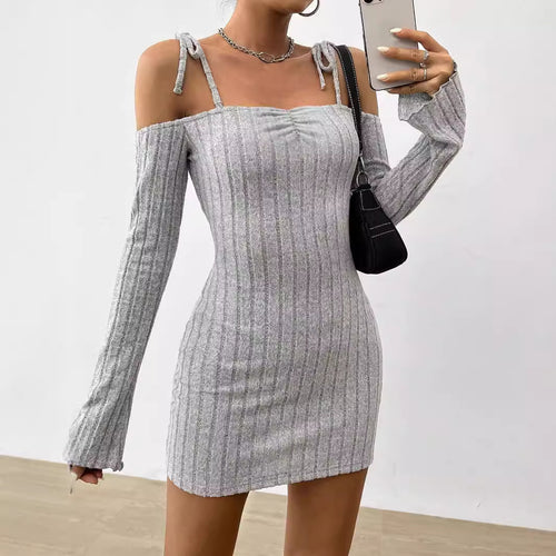 Damen geripptes One-Shoulder-Strickminikleid mit Bindeträgern taillierter Bodycon-Passform – Élara