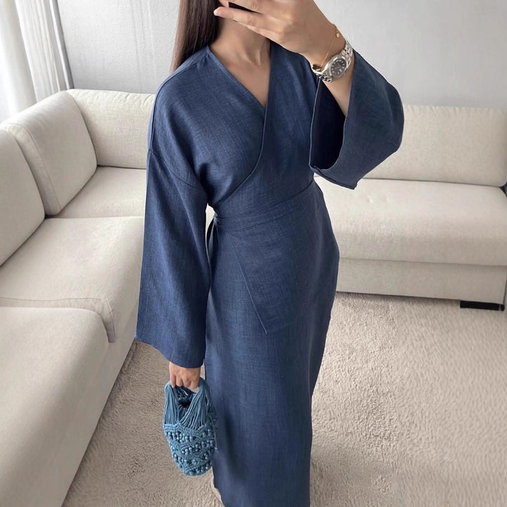 Damen Wickelmaxikleid in Leinenoptik mit Kimonoärmeln und Taillenbund – Valéora