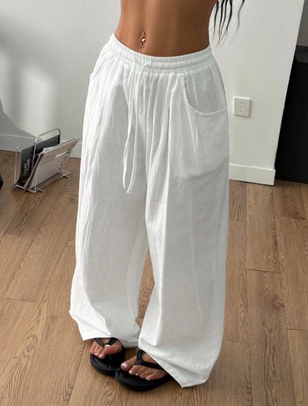 Damen Weite Leinenmix-Hose mit hohem Elastikbund, Kordelzug und Seitentaschen Echo Archiv