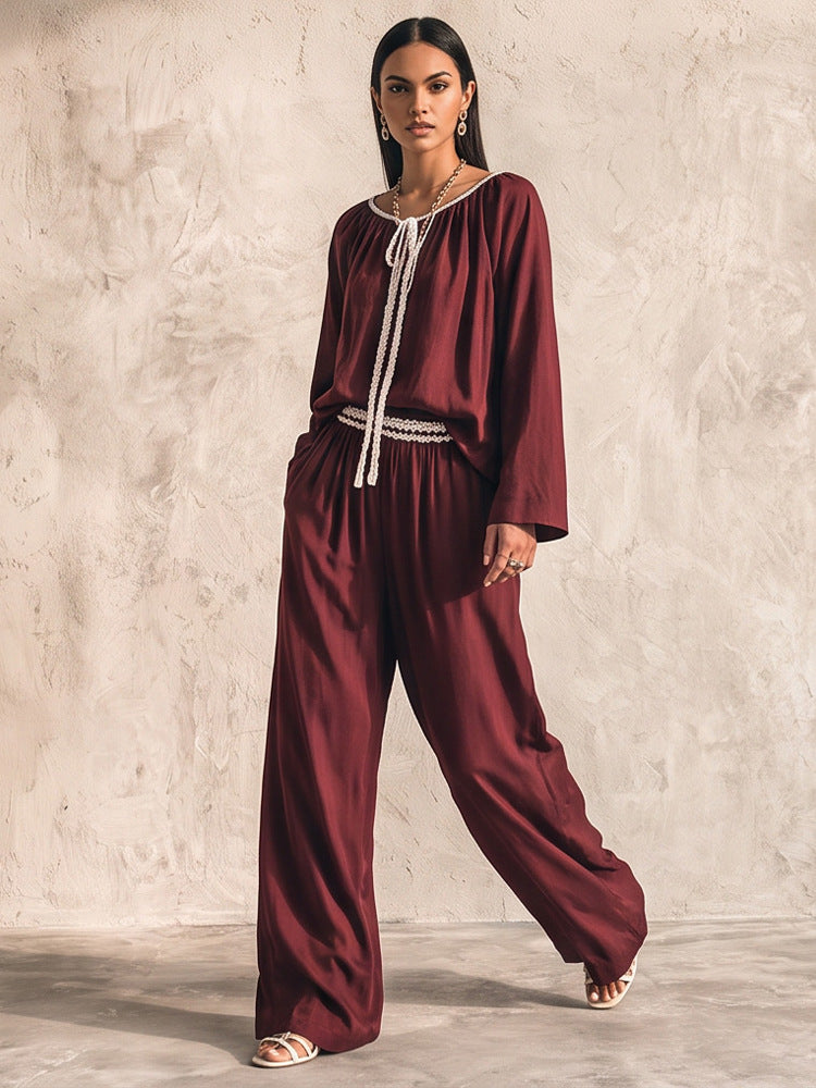 Damen Fließendes zweiteiliges Loungewear-Set aus Seidenoptik mit weiter Palazzohose und geraffter Tunika Echoarchiv