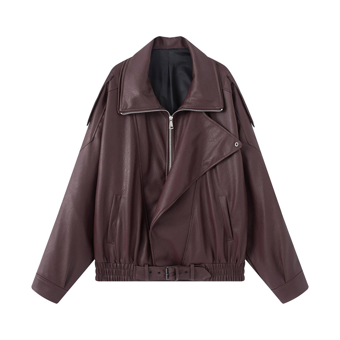 Damen oversized Biker-Blouson aus veganer Lederoptik mit asymmetrischem Reißverschluss, breitem Schalkragen und taillenbetonendem Gürtel – Célinea