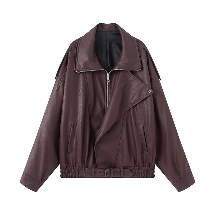 Damen oversized Biker-Blouson aus veganer Lederoptik mit asymmetrischem Reißverschluss, breitem Schalkragen und taillenbetonendem Gürtel – Célinea