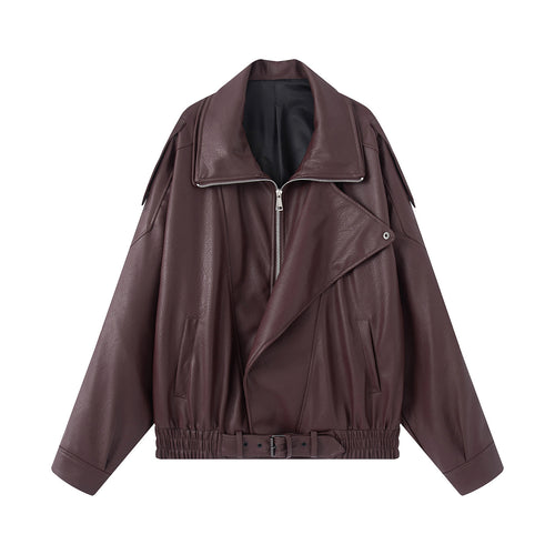 Damen oversized Biker-Blouson aus veganer Lederoptik mit asymmetrischem Reißverschluss, breitem Schalkragen und taillenbetonendem Gürtel – Célinea