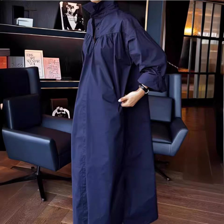 Damen Langes Boxy-Hemdblusenkleid mit hohem Stehkragen und verdeckter Knopfleiste – Valéora