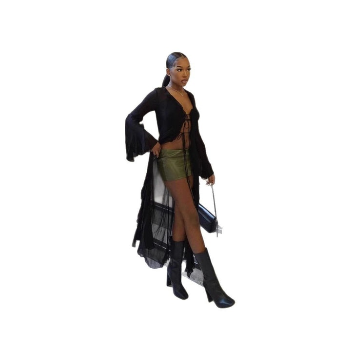 Damen Langes Strandkleid mit transparenten Ärmeln und raffinierten Schnürdetails Echo Archiv