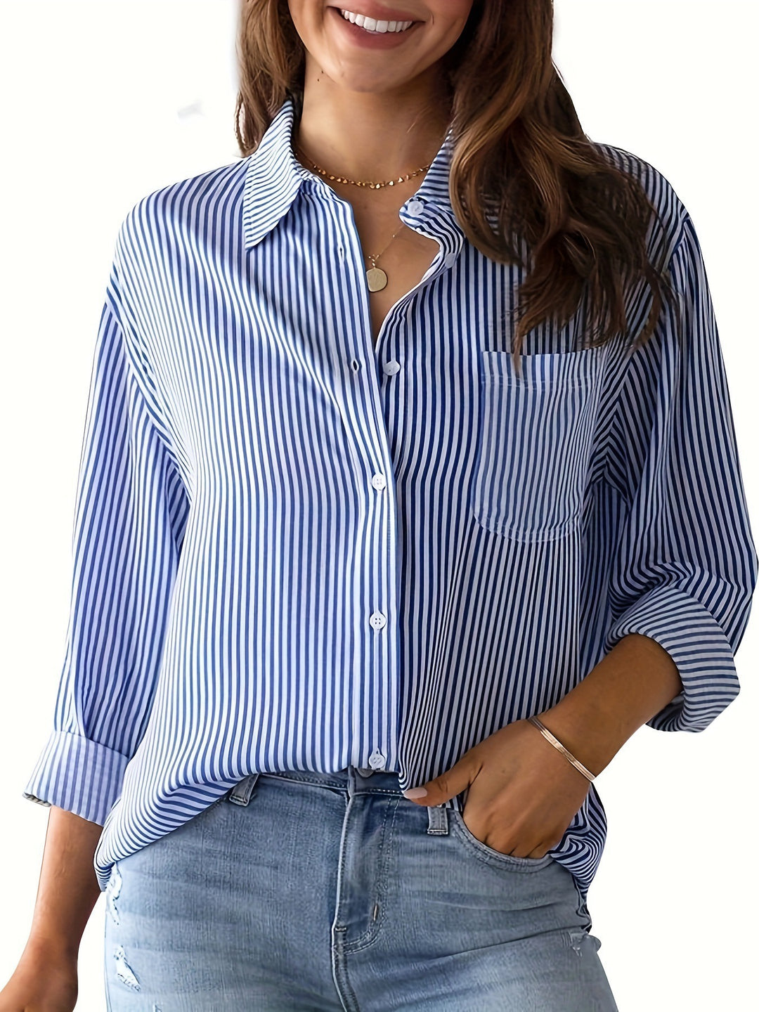 Damen Leichte Oversize-Hemdbluse mit vertikalen Streifen, Kentkragen und dreiviertelärmeln Echoarchiv