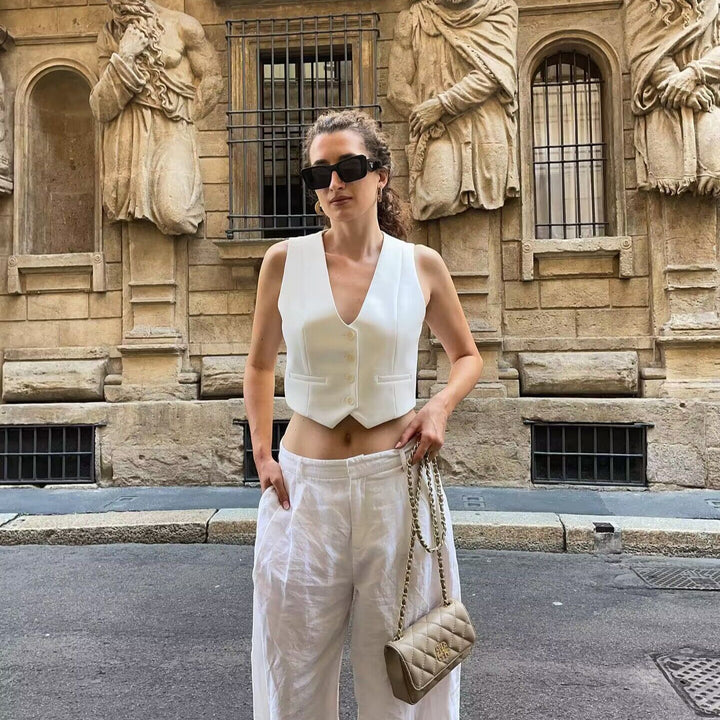Damen nan elegante taillierte Business-Weste mit spitzem Saum, V-Ausschnitt und Leistentaschen Echo Archiv