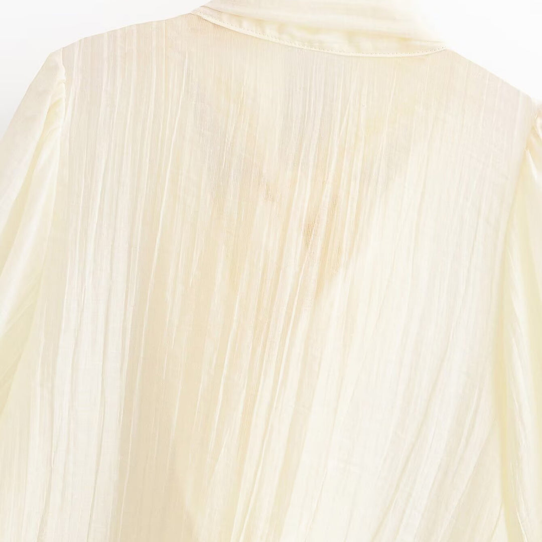 Damen Elegante Chiffonbluse mit Schleifenkragen, Plissee-Detail und Ballonärmeln Echoarchiv