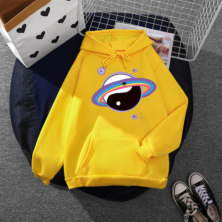 Damen Oversized Kapuzenpullover aus Baumwollmischung mit Planeten-Yin‑Yang-Grafik und Kängurutasche – Auréline
