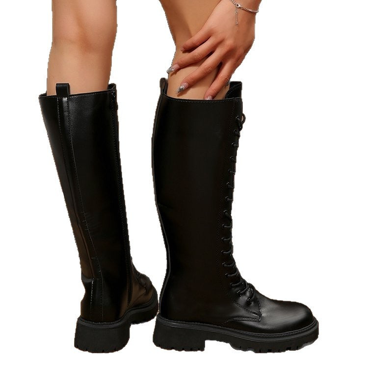 Damen knielange Schnür-Reitstiefel mit seitlichem Reißverschluss und profilierter Gummisohle – Lioré