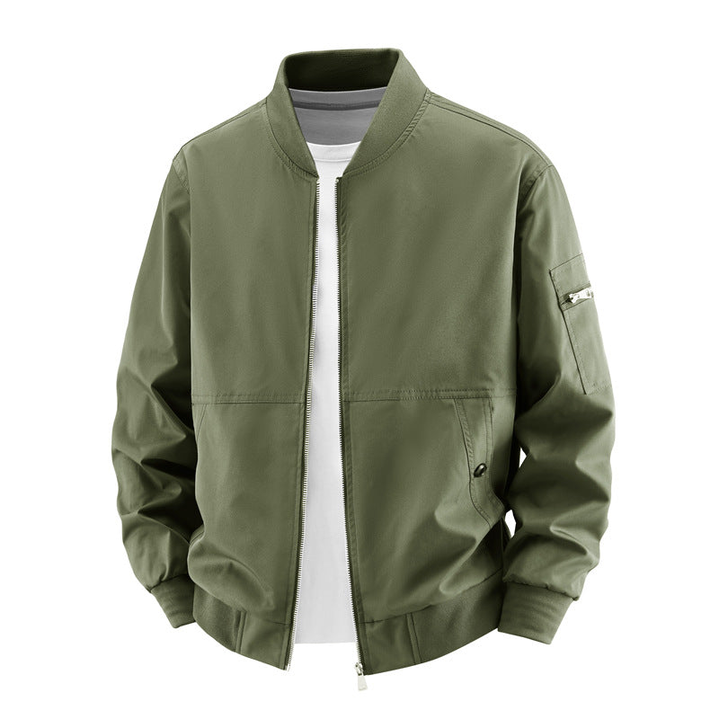 Men's minimalist zip-front bomber jacket with concealed welt pockets and sleeve utility pocket – Brevano