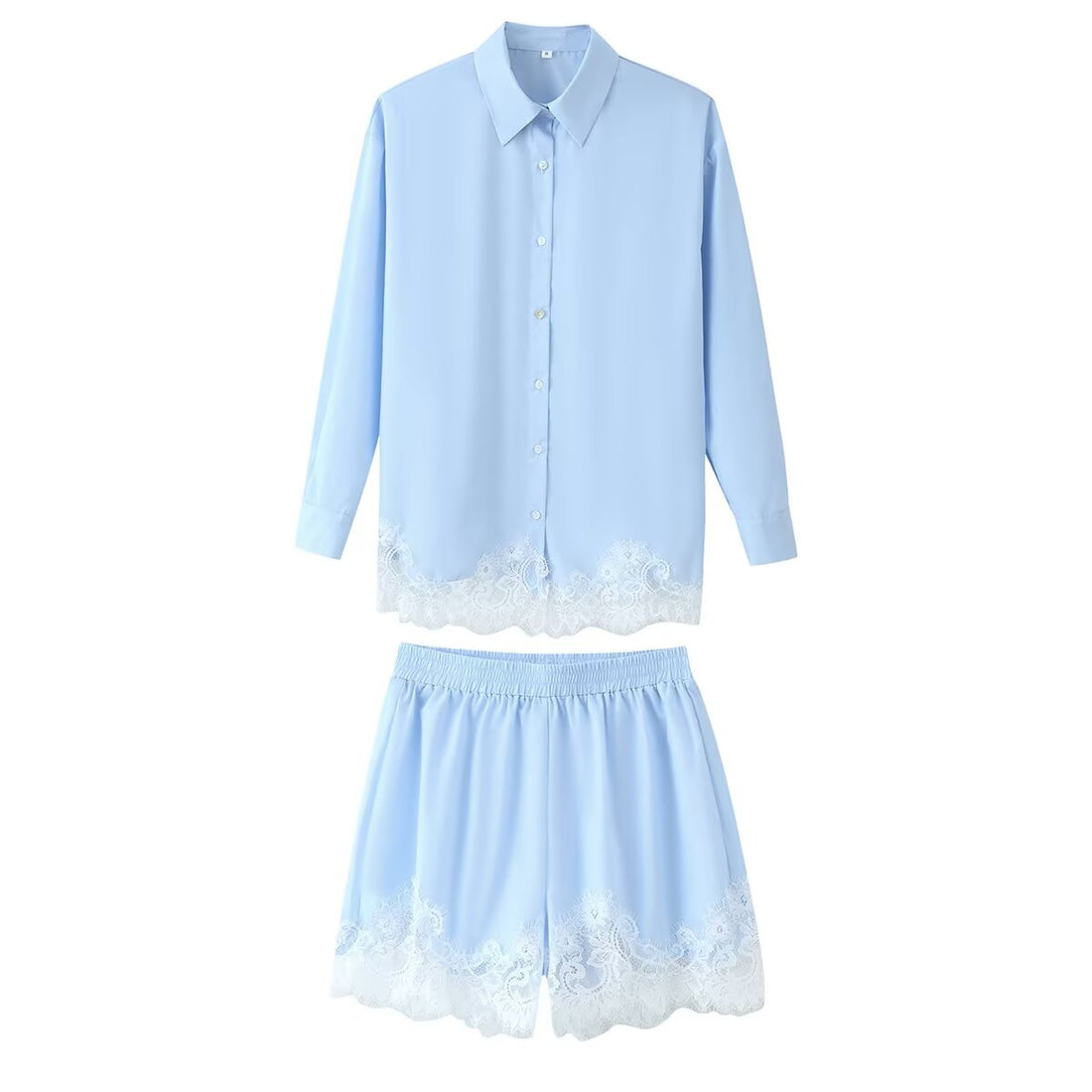 Damen zweiteiliges Satin-Pyjama-Set mit Hemdbluse, Gummibund-Shorts und Spitzenbesatz – Élanora