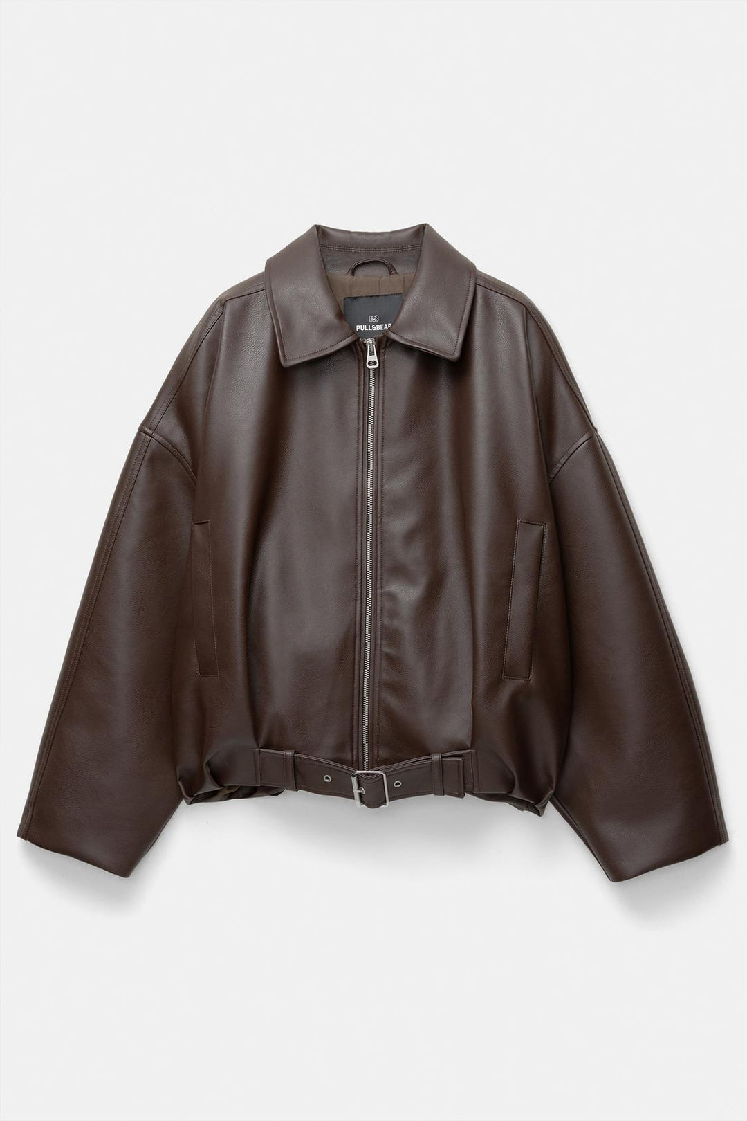 Damen nan kurz geschnittene Kunstlederjacke mit durchgehendem Reißverschluss und taillierendem Gürtel Echo Archiv