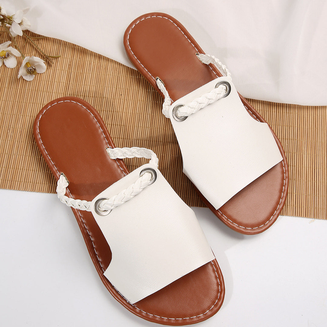 Damen nan elegante flache Pantolette mit breitem Obermaterial und geflochtenem Zehenriemen Echo Archiv